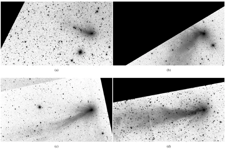 Figure 12. ZTF images of comet C/2016 R2 (PanSTARRS) in the g-band. Four epochs from the commissioning phase are shown: (a) 2017 Nov 11; (b) 2017 Dec 23; (c) 2018 Jan 13; and (d) 2018 Feb 19