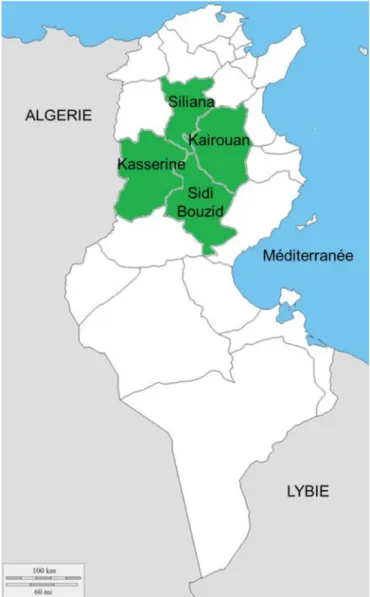 Fig. 1. Les quatre gouvernorats étudiés en Tunisie centrale.