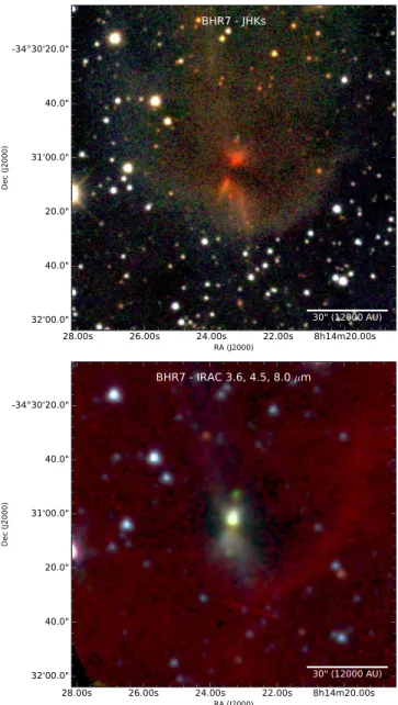 Figure 1. Images of BHR7 at J, H, and Ks bands (top) and Spitzer-IRAC 3.6, 4.5, and 8.0 μm (bottom); the wavelength order for both images are assigned to blue, green, and red colors, respectively