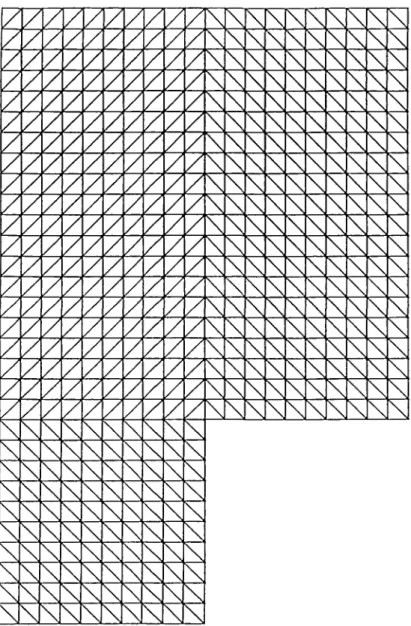 FIG. 2. The domain with its triangulation (1(XX) triangles, 551 nodes). The lower left corner has the coordinates x = 0, y = 0.