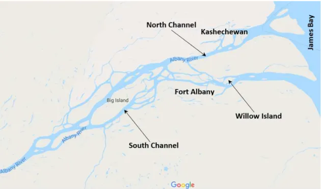 Figure 3: Albany River in the vicinity of First Nation communities of Fort Albany and Kashechewan located close to James Bay