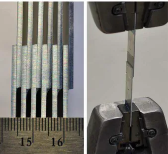 Figure  1:  Five  ASTM  D1002  single  lap  shear  joint  coupons  cut  from  a  joint  panel  (left),  and  lap  shear test (right)
