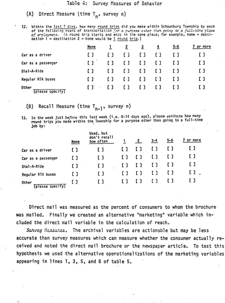Table  4:  Survey  Measures  of  Behavior (A)  Direct  Measure  (time  Tn, survey  n)