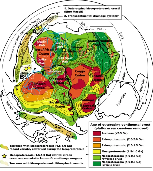 Figure 9. Neoproterozoic reconstruction of Gondwana presenting two paleopositions of Iberia (A and B) and providing in each case two explanations (labels 1 and 2, explained in the top inset) for the occurrence of Mesoproterozoic detrital zircons in Iberia