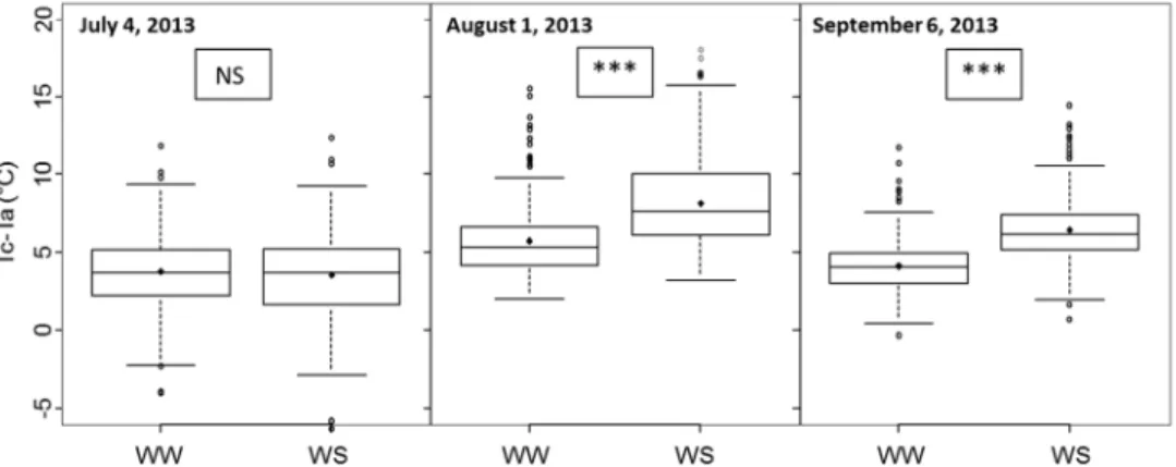 Fig. 4. Distribution of differences between canopy temperature and air temperature (Tc-Ta) for  the well watered (WW) and the water stressed (WS) trees (122 genotypes)
