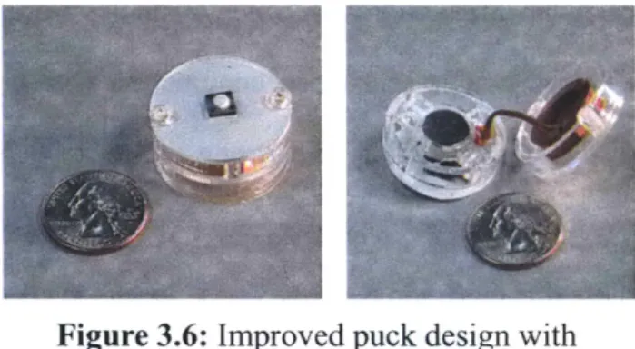 Figure 3.6:  Improved puck  design with is  too  slippery,  resulting  in  oscillations  momentary  pushbutton  switch (top);
