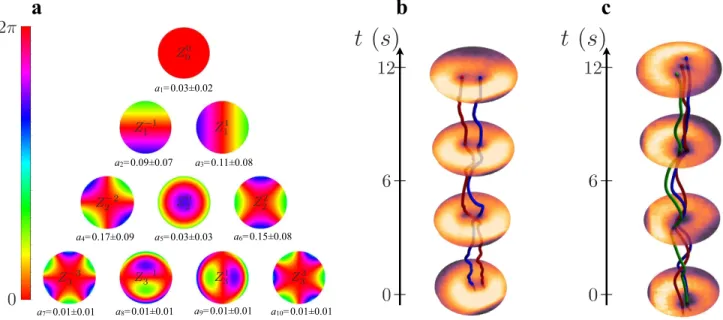 FIG. 1. Experimental characterization of underwater turbulence. a. Calculated coefficients for the lowest ten Zernike polynomials from intensity images of a Gaussian beam after propagation through 3 m of water to characterize the turbulence in one particul