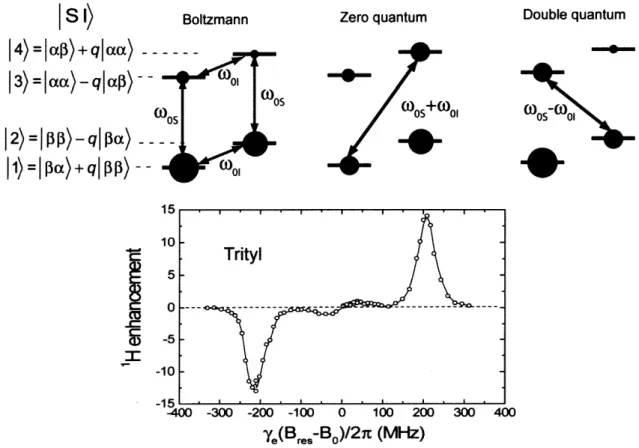 Figure 2-2.  Illustration  of the solid  effect. SE  dominates  when  A  &lt;  wn.  Zero quantum  transition  results in negative  enhancement  and  double  quantum  transitions  in  positive  enhancement