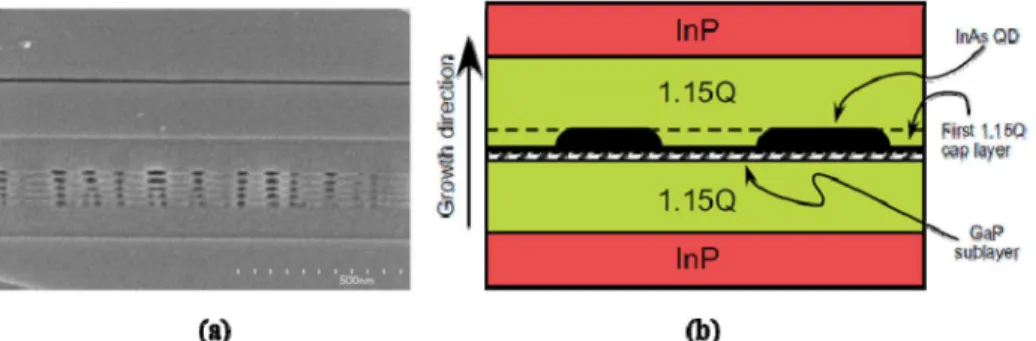 Fig. 1. (a) A cross sectional SEM image of the five-layer InAs/InP QDlaser core region and (b)  a detailed structure for a single InAs/InP dot layer