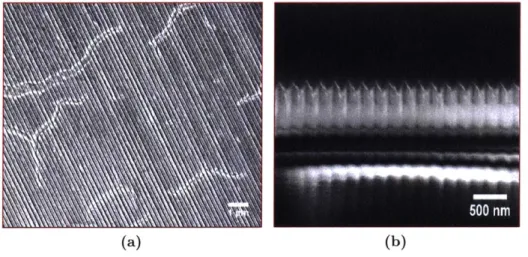 Figure  2-9:  (a)  Top  down  image  of imprinted  LbL  PbS  QD  film.  (b)  Cross-sectional  SEM  image  of a  LbL  PbS  QD  film  after  2hrs  DNi  at  100'C.