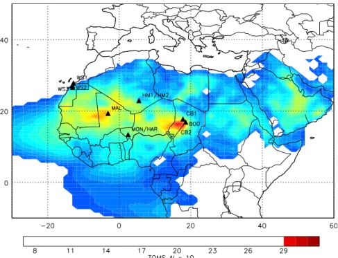 Fig. 1. TOMS AI annual average 1979 –1992 for North Africa. Sample locations from Table 1 also shown