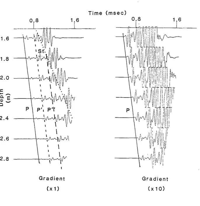 Figure 5b: The time series plots for the gradient model show the compressional head wave P, the compressional wave multiples p', p&#34;, and the Stoneley wave St
