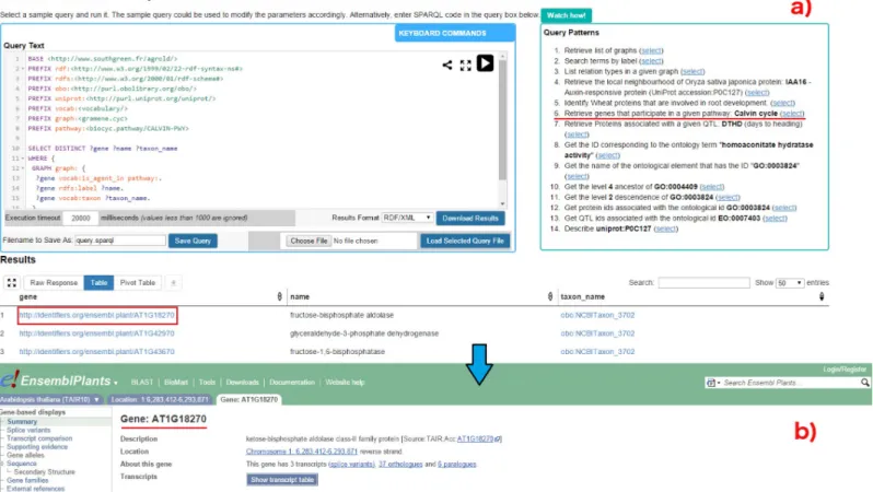 Fig 4. SPARQL query editor. Figure illustrates the execution of query Q6: (a) Q6 is one the examples queries on the top-right corner (highlighted in red)