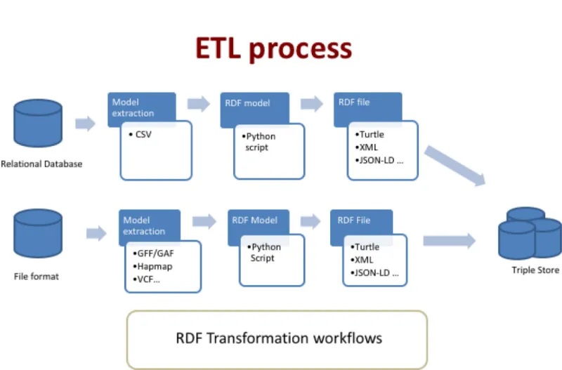 Fig 2. ETL workflow for the various datasets and data formats. The workflow shows two types of process: 1) from relational databases through a CVS file export: in that case, the transformation is tailored for the database model with some Python scripts con