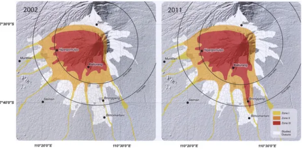Fig. 8.1 The Merapi volcano hazard map designed by the Indonesian Center of Volcanology and Geological Hazard Mitigation (CVGHM) in 2002 (CVGHM 2002) and after its revision in 2011 (CVGHM 2011)