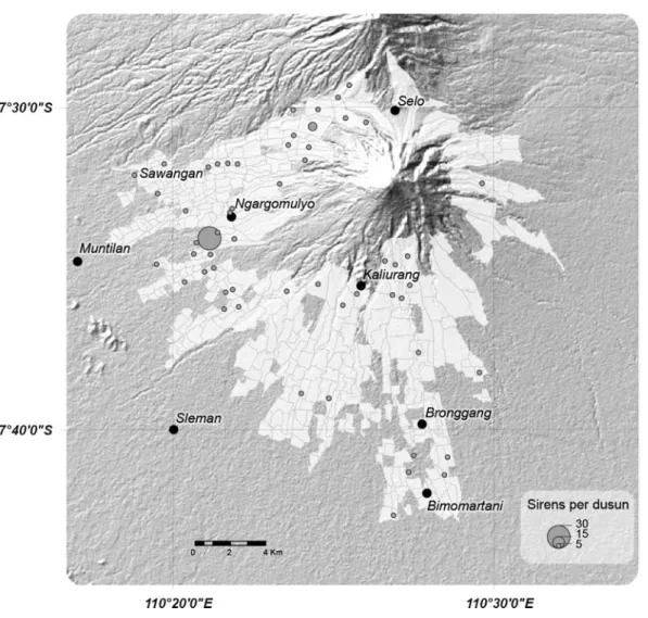 Fig. 8.2 Siren distribution around the fl anks of Merapi, Indonesia. Source Lavigne et al