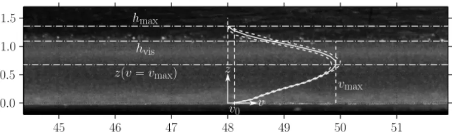 Figure 9. Image of a granular current with the measured velocity superimposed onto it (solid line)