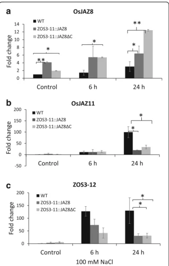 Fig. 7 Relative gene expression of (a) OsJAZ8, (b) OsJAZ11, (c) ZOS3–