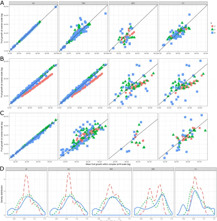 Figure 6: Mean daily fruit dry weights increment and its distribution (in Fuji) depending on the  topological  scales  (from  left  to  right),  tree  structure  (from  top  to  bottom)  and  friction  parameters  h  (symbols)