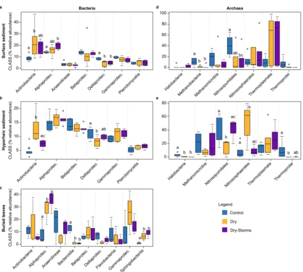 Figure 3.  Boxplots for bacterial and archaeal class variability (percentage of relative abundance) considering  only those classes reporting abundances higher than 5% throughout the entire experimental period