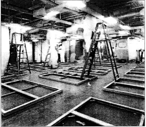 Figure  3-11  - Crew Berthing  Space  with Furniture  Foundations  Laid Once the foundations  are  secure,  the decks are leveled  and the tile floor is laid  down.
