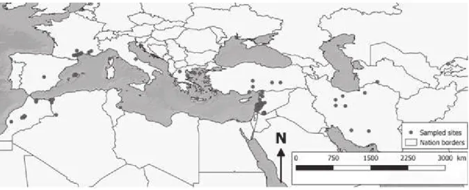 Figure I-1. Geographical distribution of the 92 sampled cultivated almond populations