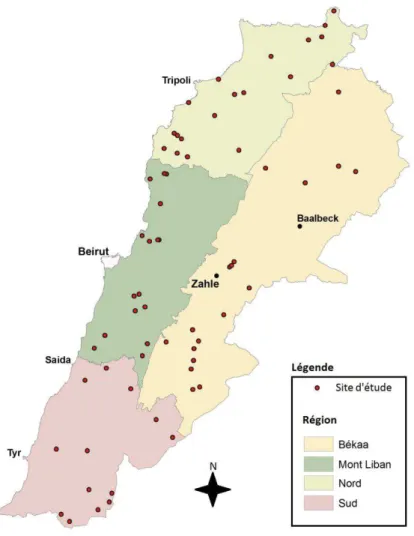 Figure II-1. Carte du Liban représentant la distribution géographique des 65 sites de  référence