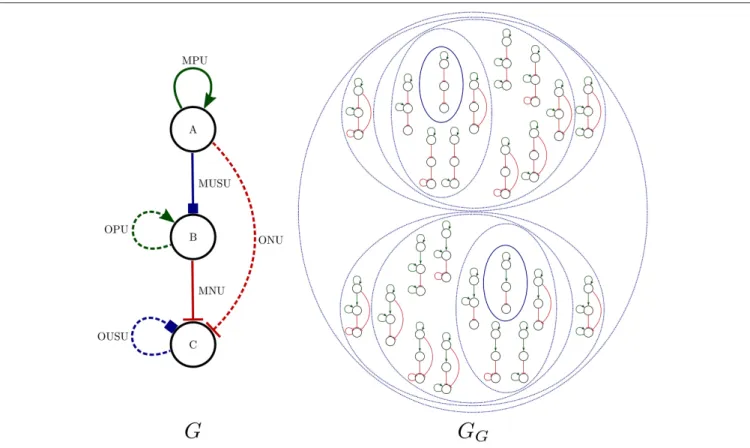 FIGURE 1 | Left: An R-graph G. Right: The set of all instantiations of G, G G (see definition 12)