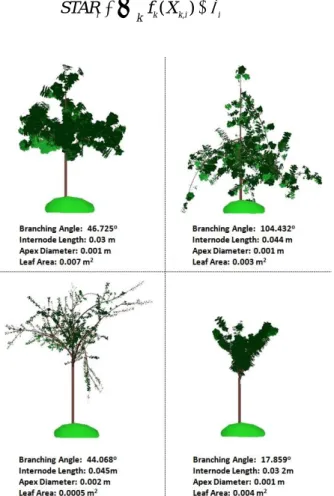 Figure 3.   Visualization  of  simulated  apple  tree  architectures.  These  sample architectures were produed by MAppleT with diferent values of the  investigated parameters