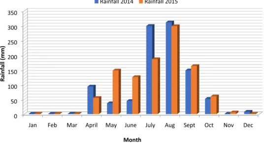 Figure 1.  Season rainfall distribution measured during the 2014 and 2015 sweet sorghum growing season at the  ITRAD Research Centre in Bébédjia, Chad.