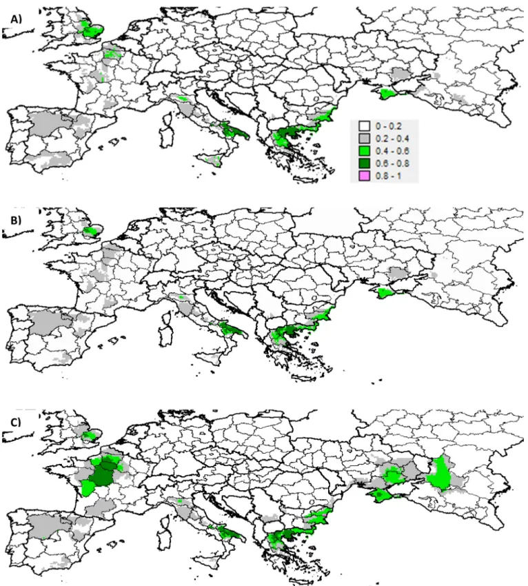 Fig 4. Global potential sympatry index between the six Aegilops species and cultivated wheat in the European zone: RCP 8.5 