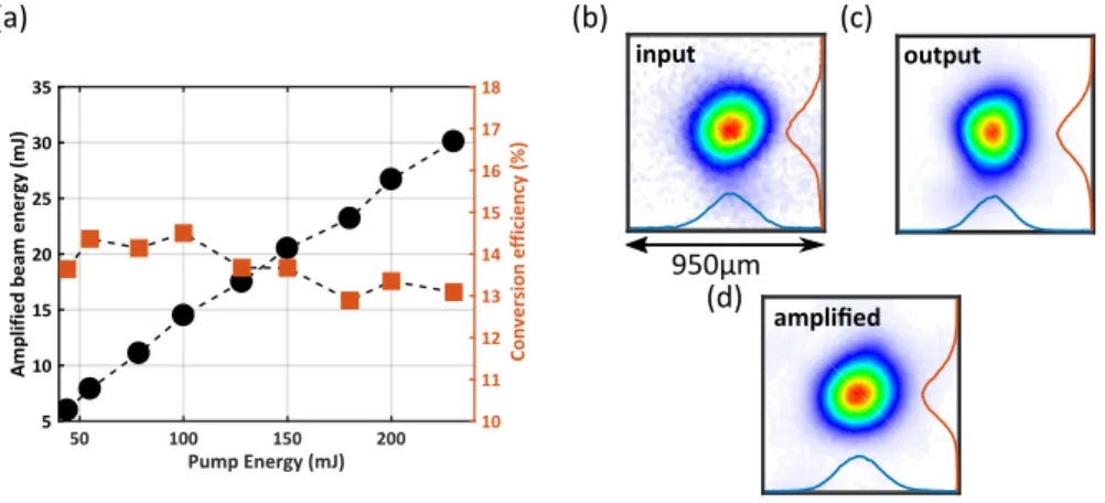 Fig. 4. (a) The ampliﬁed beam energy is plotted (black curve) as a function of the pump energy, as well as the conversion eﬃciency (red), deﬁned as the ratio between the ampliﬁed output energy subsequent to the FOPA and the pump energy in the Fourier plane
