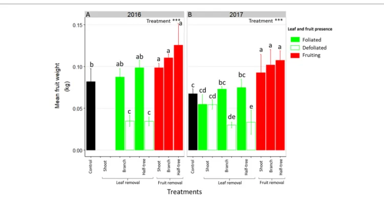 FIGURE 3 | Bar plot representation of mean fruit weight in ON “Golden delicious” apple trees for the different treatment combinations in 2016 (A) and 2017 (B)