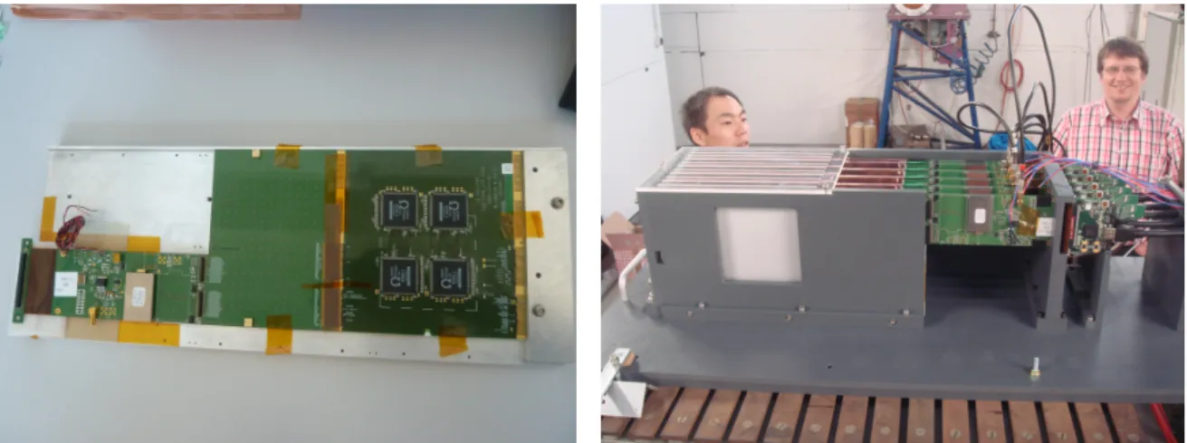 Figure 9: Left: Picture of one layer of the SiW Ecal setup tested in 2012. Right: Experimental setup at DESY.