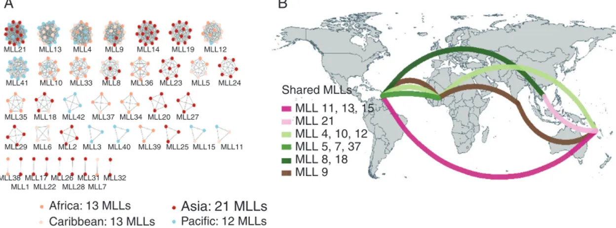 Fig. 3. Visualization of genetic relationships between the 93 diploid Dioscorea alata accessions from Africa, Asia, Caribbean and Pacific after removing the  clones