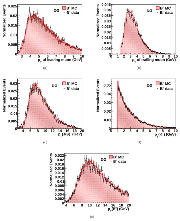 FIG. 3: (color online) Comparison of p T distributions for data and MC simulation, for the normalization channel B ± → J/ψK ± , in a single data epoch, (a) for the higher-p T (leading) muon, (b) lower-p T (trailing) muon, (c) J/ψ, (d) kaon, and (e) B ± mes