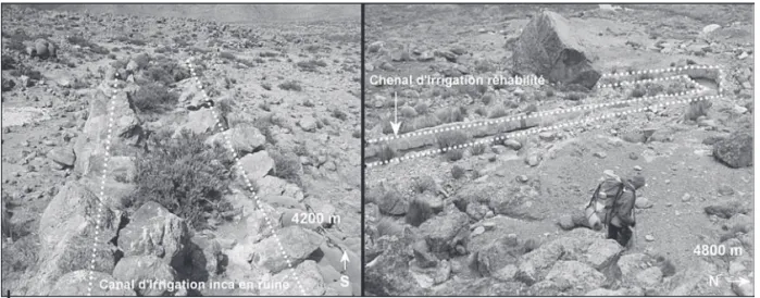 Figure 9 – Canaux d’irrigation abandonnés, sur le flanc nord du Nevado Coropuna à 4 200 m (à gauche) et au  contraire réhabilités sur le flanc est de ce Nevado à 4 800 m (à droite) 