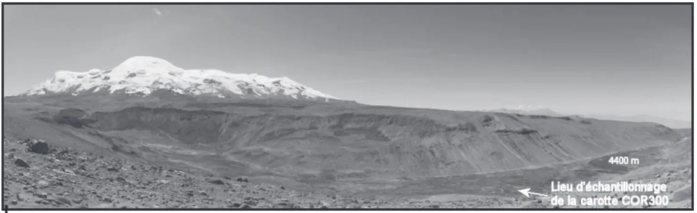 Figure 2 – Vue d’ensemble de la tourbière de Huayllaura localisée à 4 400 m d’altitude sur le flanc sud- sud-ouest du Nevado Coropuna 