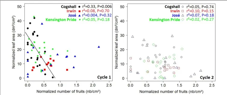 FIGURE 4 | R1→V relationships at the scaffold branch scale. Relationships between the normalized number of fruits produced during the previous cycle and the normalized leaf area produced by descendant GUs during the current cycle at the scaffold branch sca