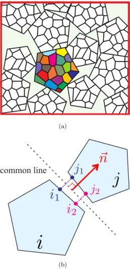 Figure 1: (a) Vorono¨ı tessellation applied to polygonal particles. Each cell is presented in a different color; (b) Geometry of a side-side contact between two cells i and j