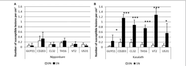 FIGURE 1 | Effect of nitrogen supply on rice blast disease in Nipponbare and Kasalath genotypes