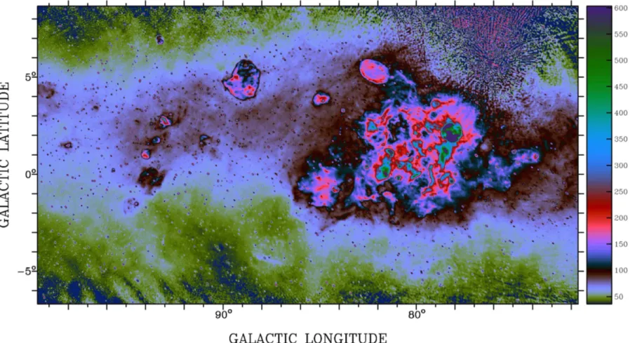 Figure 7. 408 MHz survey image, covering 72    ℓ 99  and showing brightness temperature in kelvins