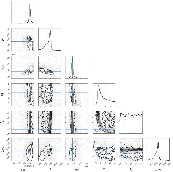 Figure 10. One and two dimensional projections of the posterior probability distributions of the parameters R, v s∗,8.5 , M , f ρ , t ref , E B−V , demonstrating the covariance between parameters