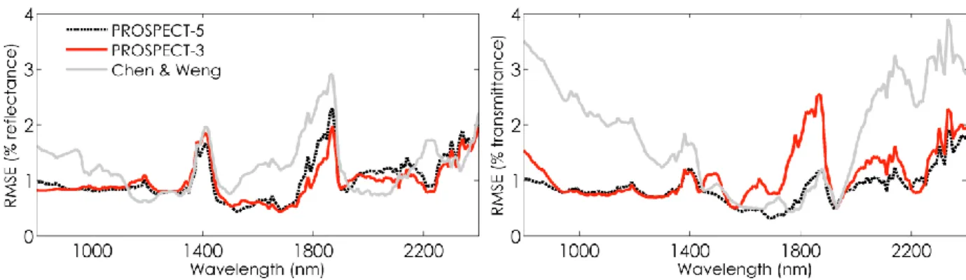 Figure 4. Spectral RMSE between measured leaf optics and simulated reflectance (left), and 
