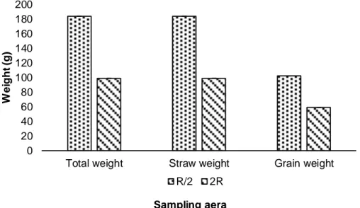 Figure  1:  Variation  of  the  total  weight,  the  staw  weight  and  the  grain  weight  according  to  the  sampling area (R/2 = under the crown of the tree, 2R= at a distance equal to twice the radius of  the crown)