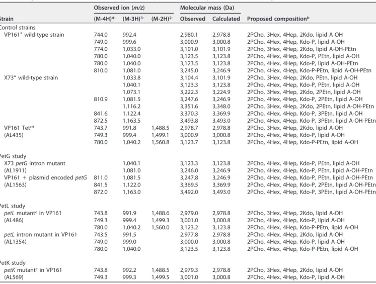 TABLE 2 Negative-ion CE-ES-MS data and proposed compositions of O-deacylated LPS and core oligosaccharide for P