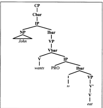 Figure  2-5:  The  syntax  tree  representing  the  sentence  "John  wants  to  eat."  In  this sentence,  PRO  acts  as  the  subject  of  the  verb  "to eat."  PRO  is  a  non-overt  pronoun.
