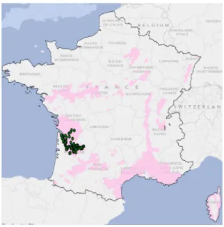 Figure 3.2  Localisation géographique des témoins non traités. Les zones en rose indiquent les bassins viticoles français