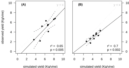 Figure 4.4  Quality of yield simulation for (A) Shiraz and (B) Aranel cultivars. The simulated yield values were obtained using Eqs