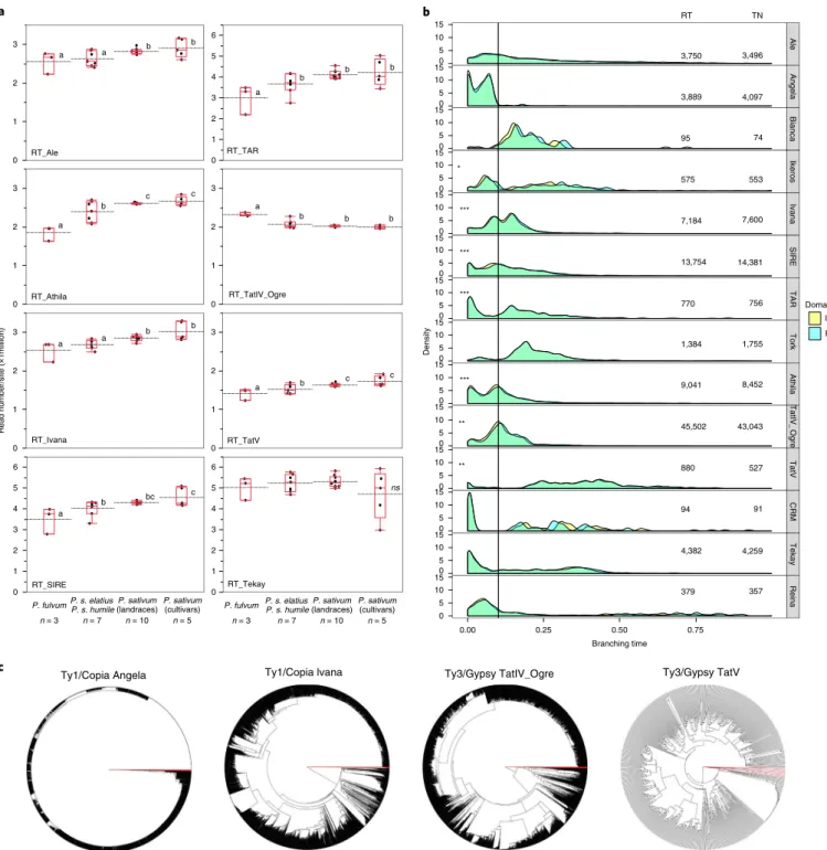 Fig. 3 | TE evolution in the pea genome. a, TE representation in P. fulvum, P. s. elatius, P
